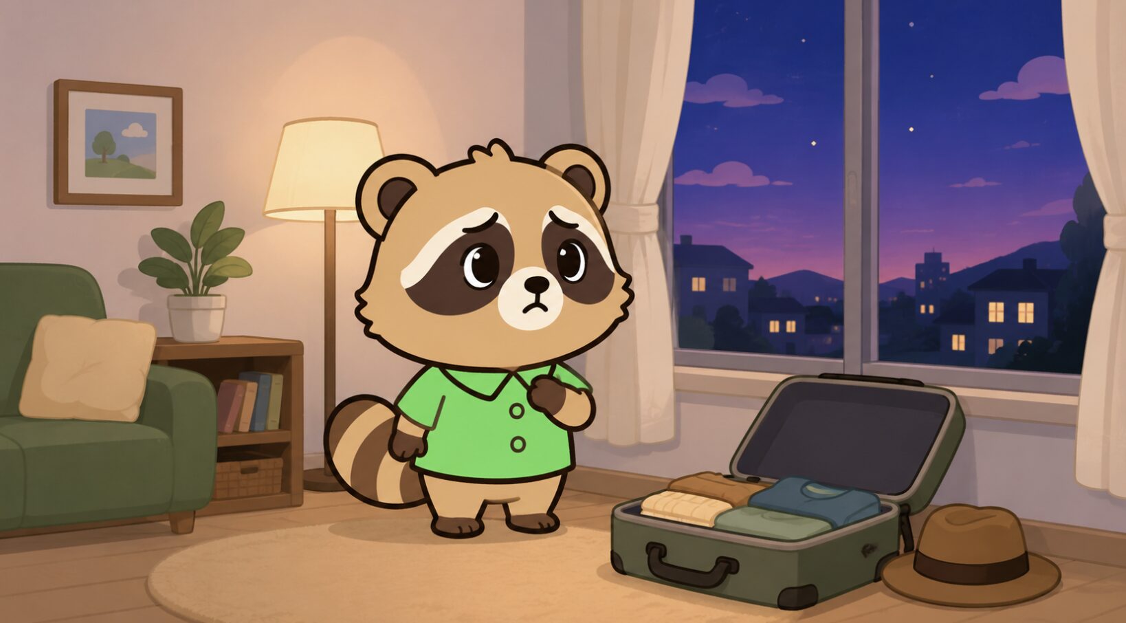 夕方のリビングで旅行バッグのそばに立つかわいいたぬきが、胸に手を当てて不安そうに窓の外を見ているイラスト