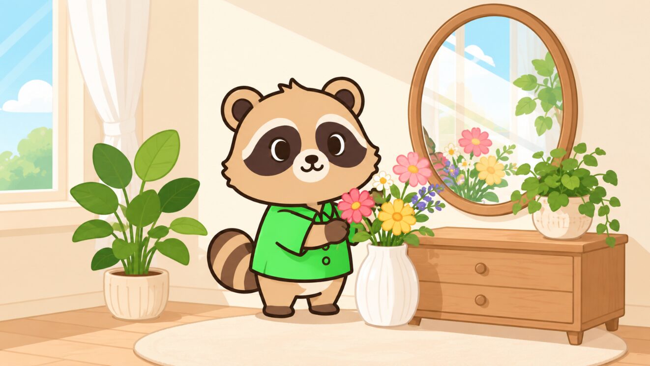 たぬきがドレッサー横に花と観葉植物を飾り鏡に明るい景色が映っているイラスト