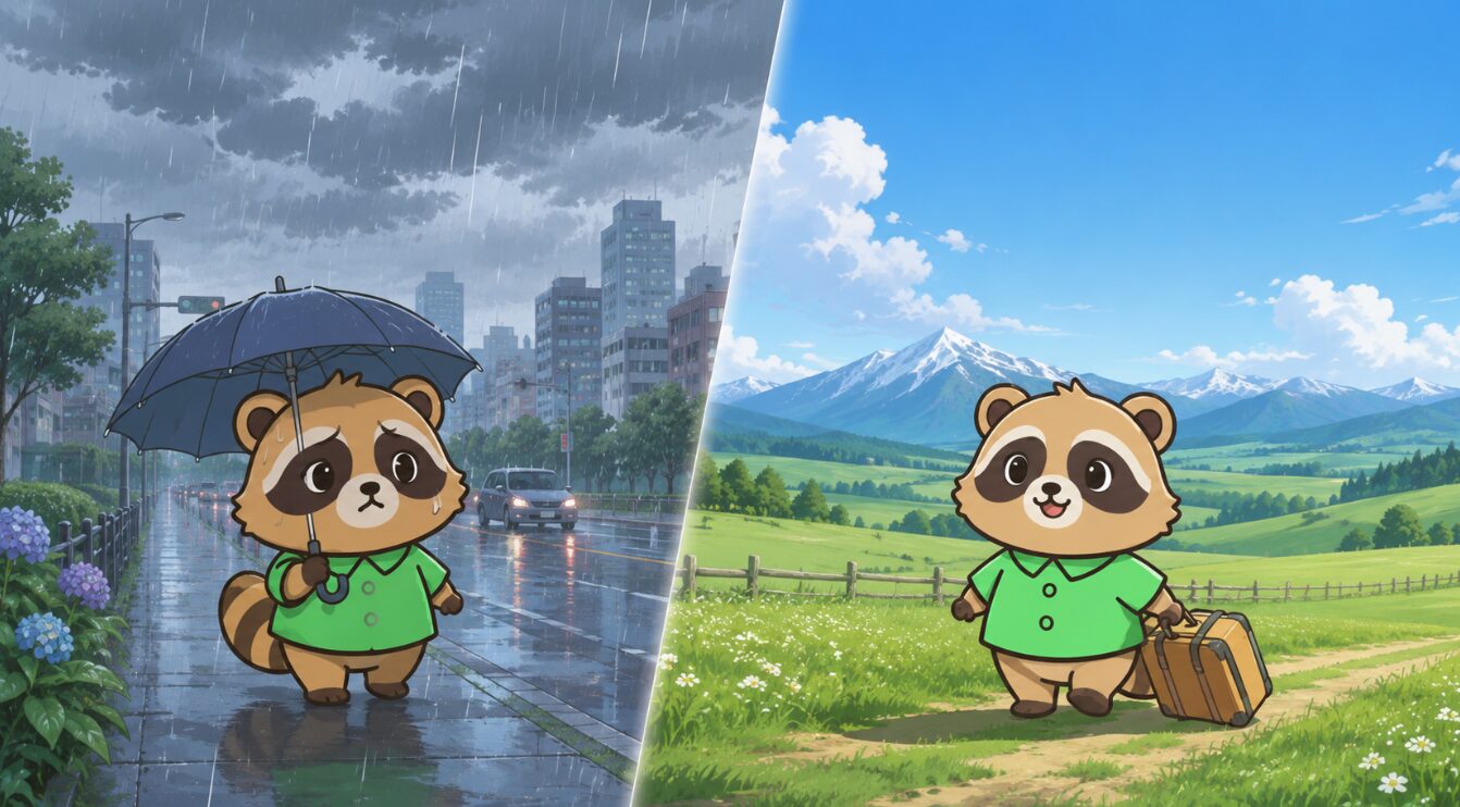 雨の本州と青空の北海道を背景に、たぬきが比較しているイラスト