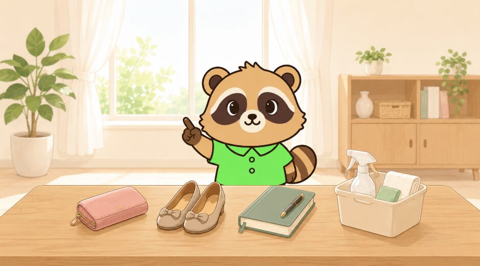 明るいリビングでたぬきキャラクターが財布や靴、ノート、掃除道具を並べて天赦日にすることを紹介しているイラスト