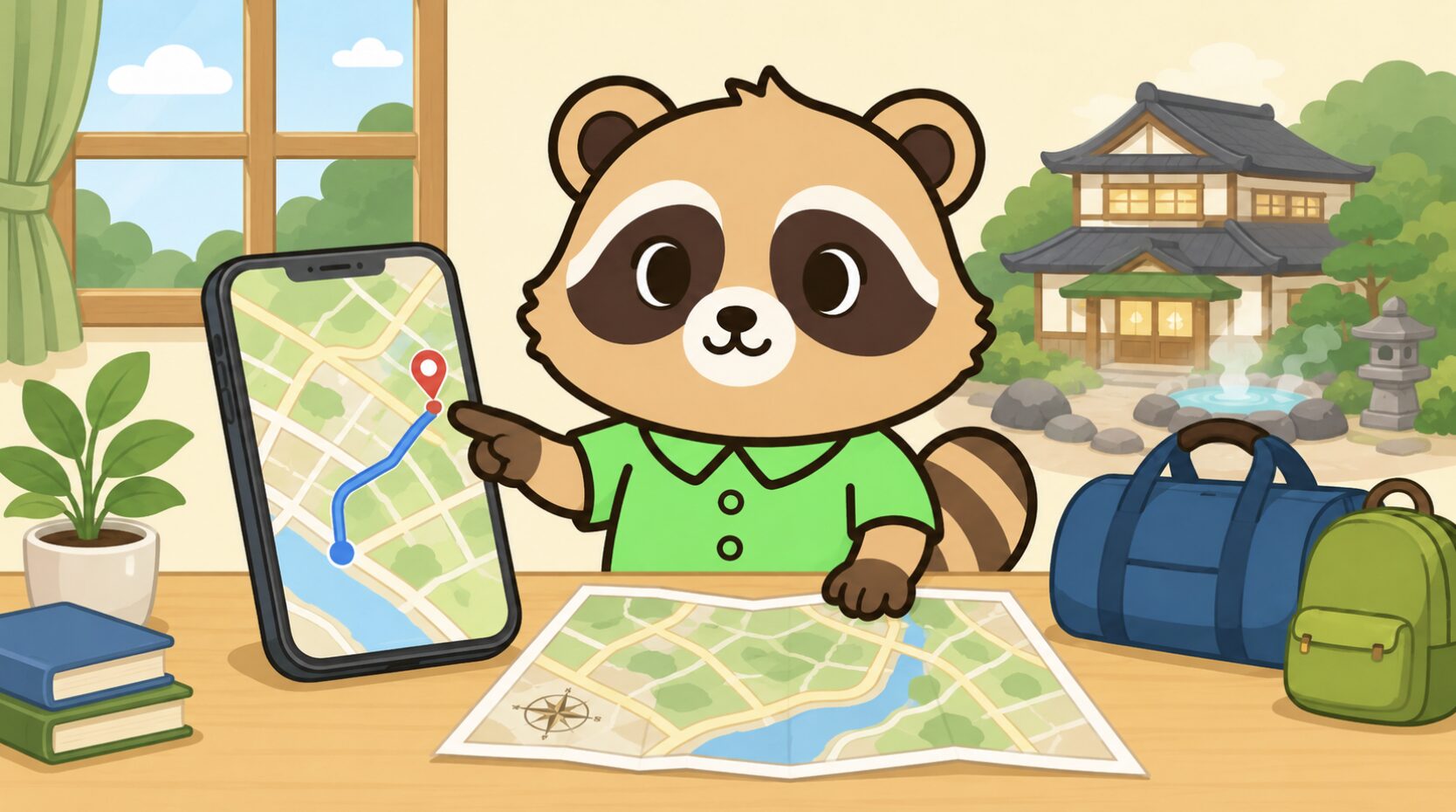 緑のシャツを着たかわいいたぬきが、スマートフォンの地図アプリと紙の地図を使って目的地までの方角を確認しているイラスト