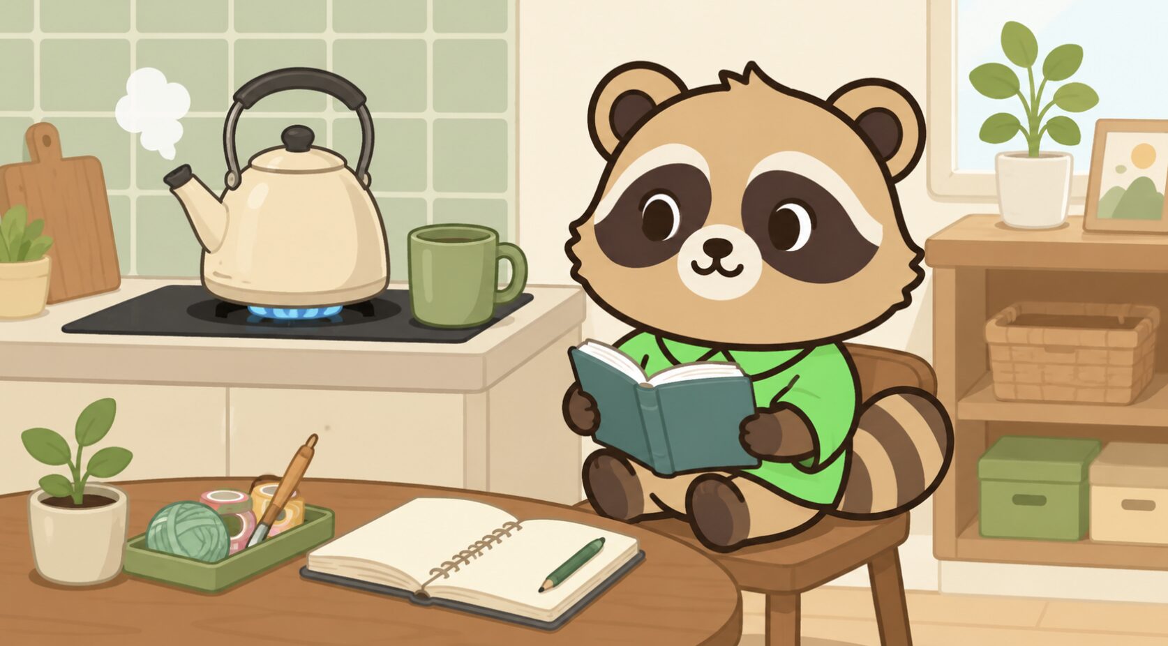 緑のシャツを着たかわいいたぬきキャラクターが、キッチン横の椅子でお湯が沸くのを待ちながら本を読み、机にノートや手芸道具を置いて隙間時間の趣味を楽しんでいるイラスト