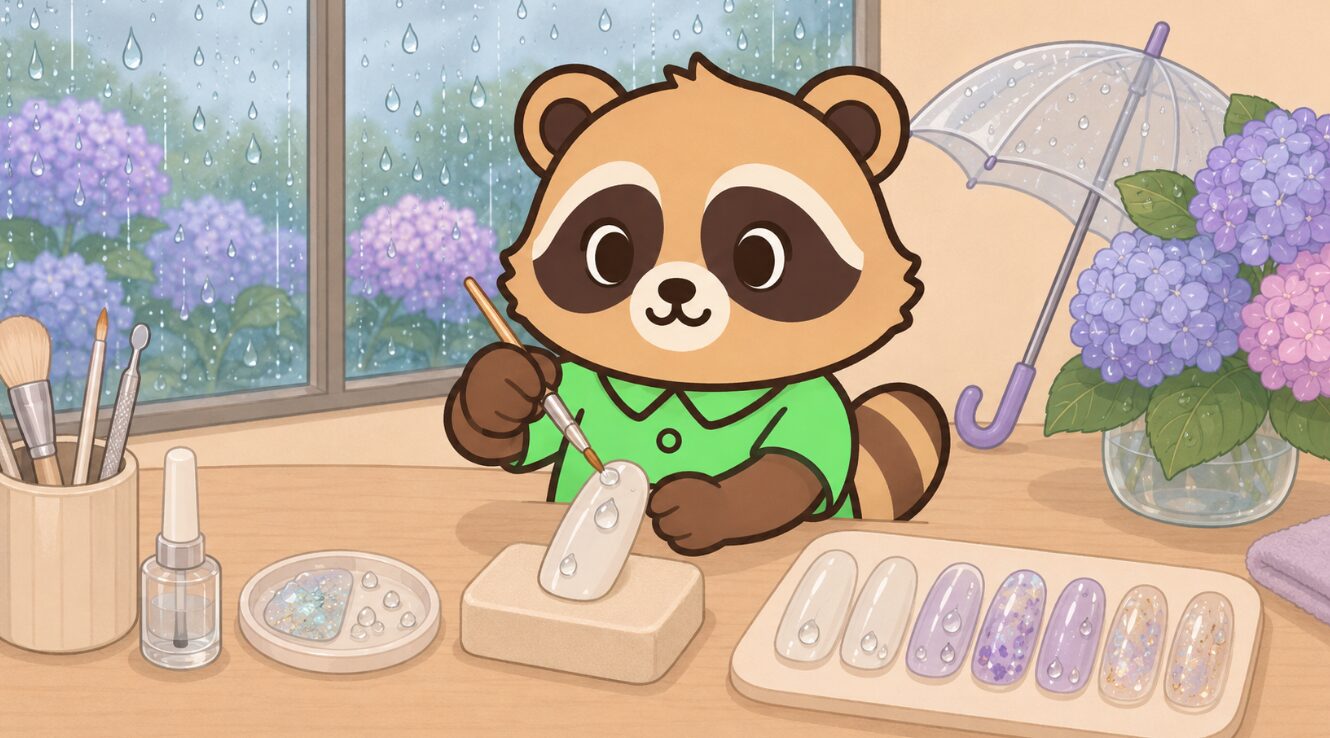 雨粒のついた窓辺で、緑のシャツを着たたぬきが白いネイルチップに透明なしずくアートを描いているイラスト