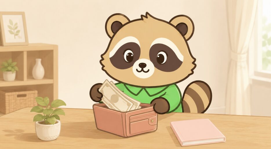 たぬきキャラクターが家の机で財布と家計簿を前にして、きれいなお札を財布に入れているイラスト