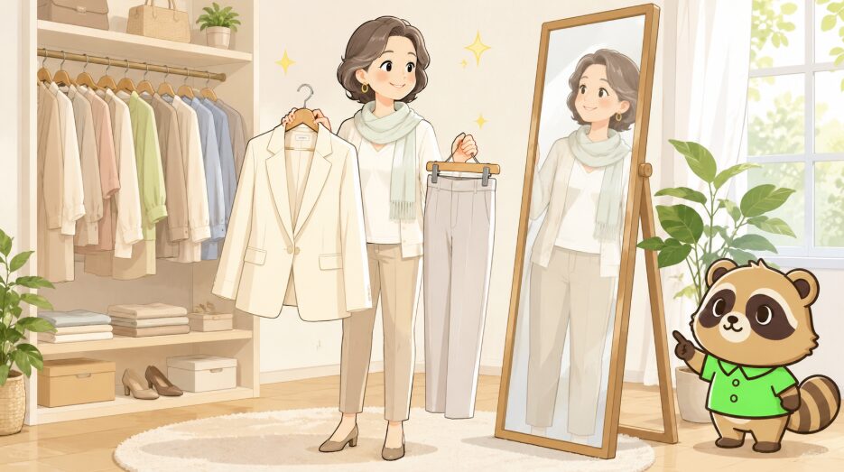 50代女性が明るいクローゼットでアイボリーのジャケットとパンツを選び、鏡の前でコーディネートを確認しているイラスト