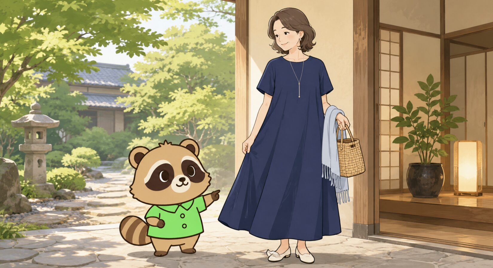 旅館の庭で、ネイビーのAラインワンピースを着たアラフィフ女性をたぬきが紹介しているイラスト