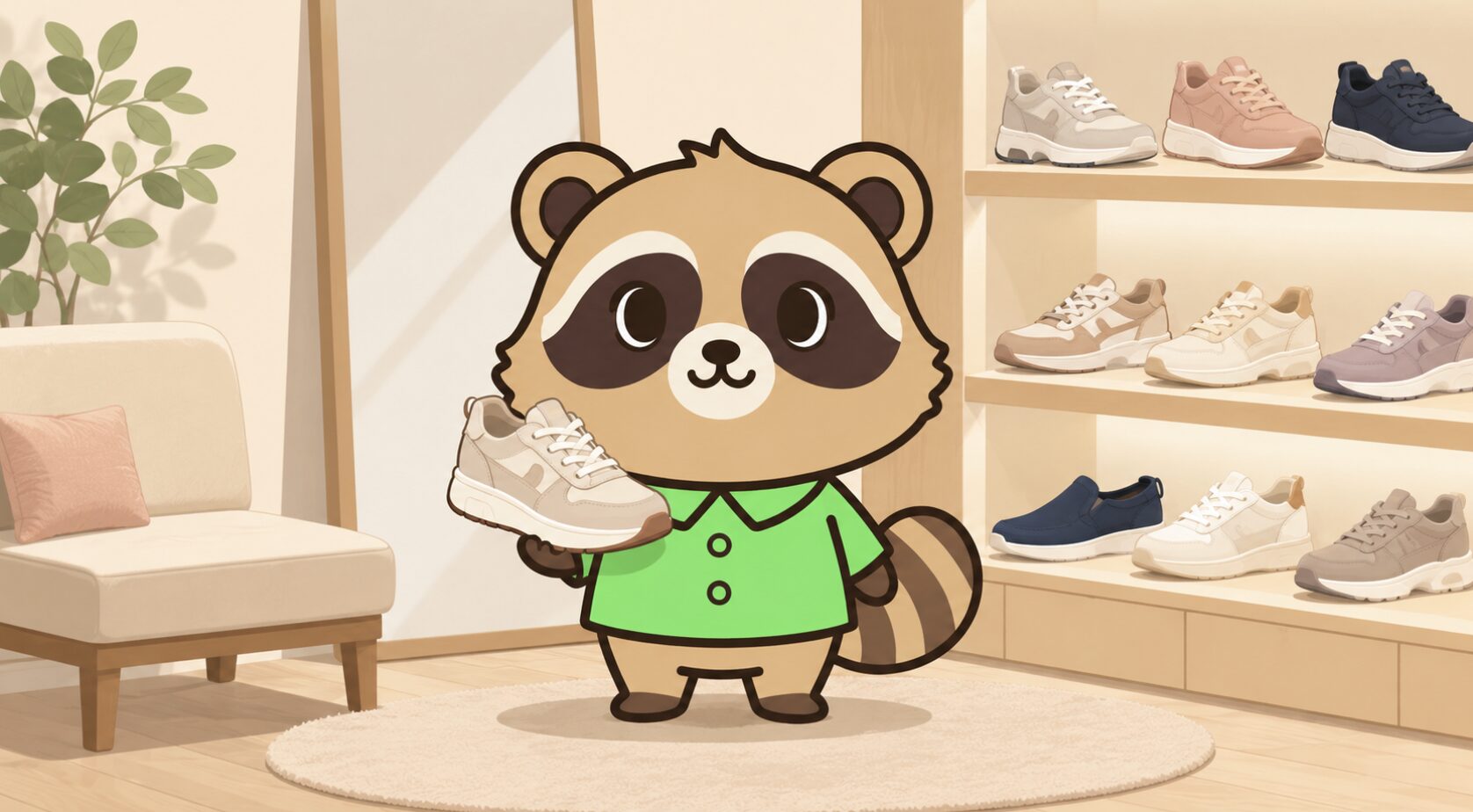 明るい靴店で緑のシャツを着たかわいいたぬきがスニーカーを手に持って選んでいるイラスト 