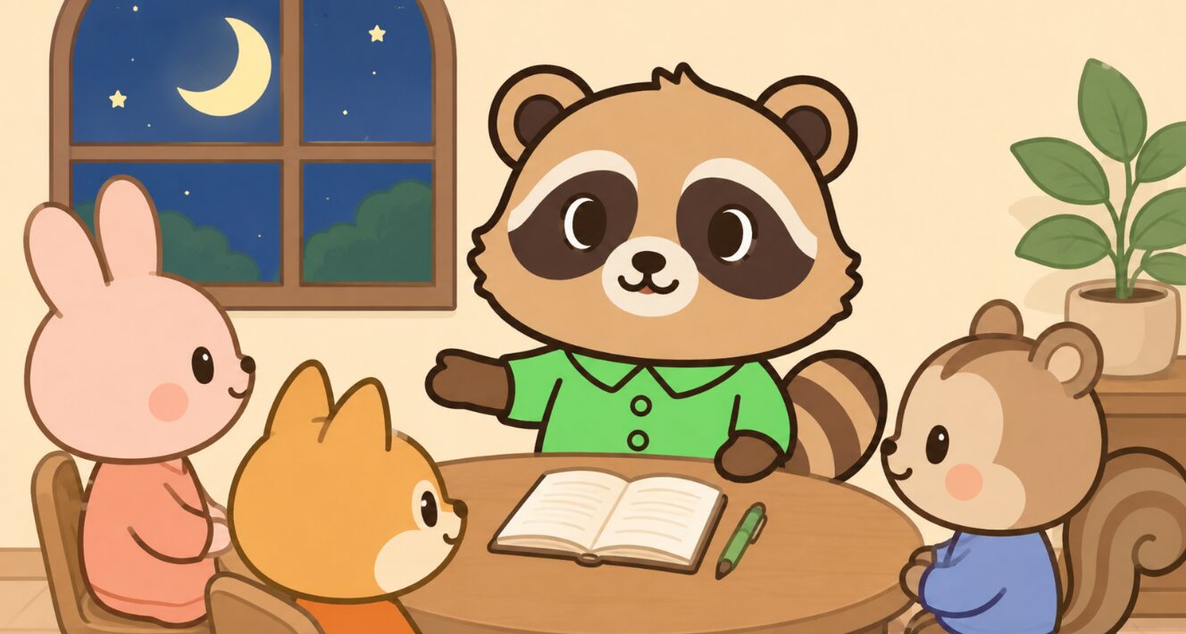 新月の見える部屋で、緑のシャツを着たたぬきが丸いテーブルを囲む動物たちにやさしく手を差し出しているイラスト
