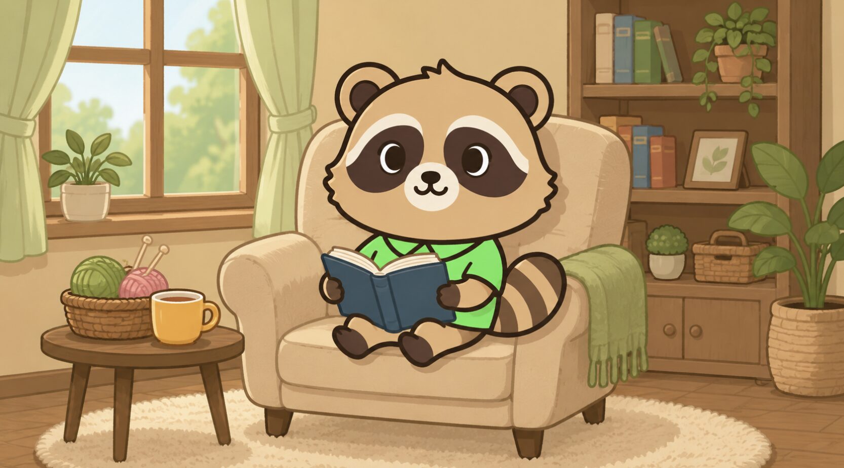 緑のシャツを着たかわいいたぬきキャラクターが、一人掛け椅子で本を読みながら、毛糸玉や編み針、マグカップに囲まれて静かにインドア趣味を楽しんでいるイラスト