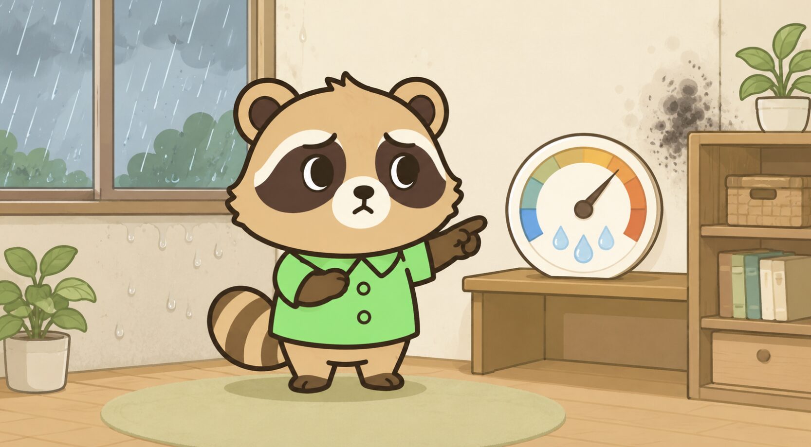 雨の日の室内で、緑のシャツを着たかわいいたぬきが高湿度を示す湿度計を心配そうに指差し、窓の結露や壁のカビを確認しているイラスト