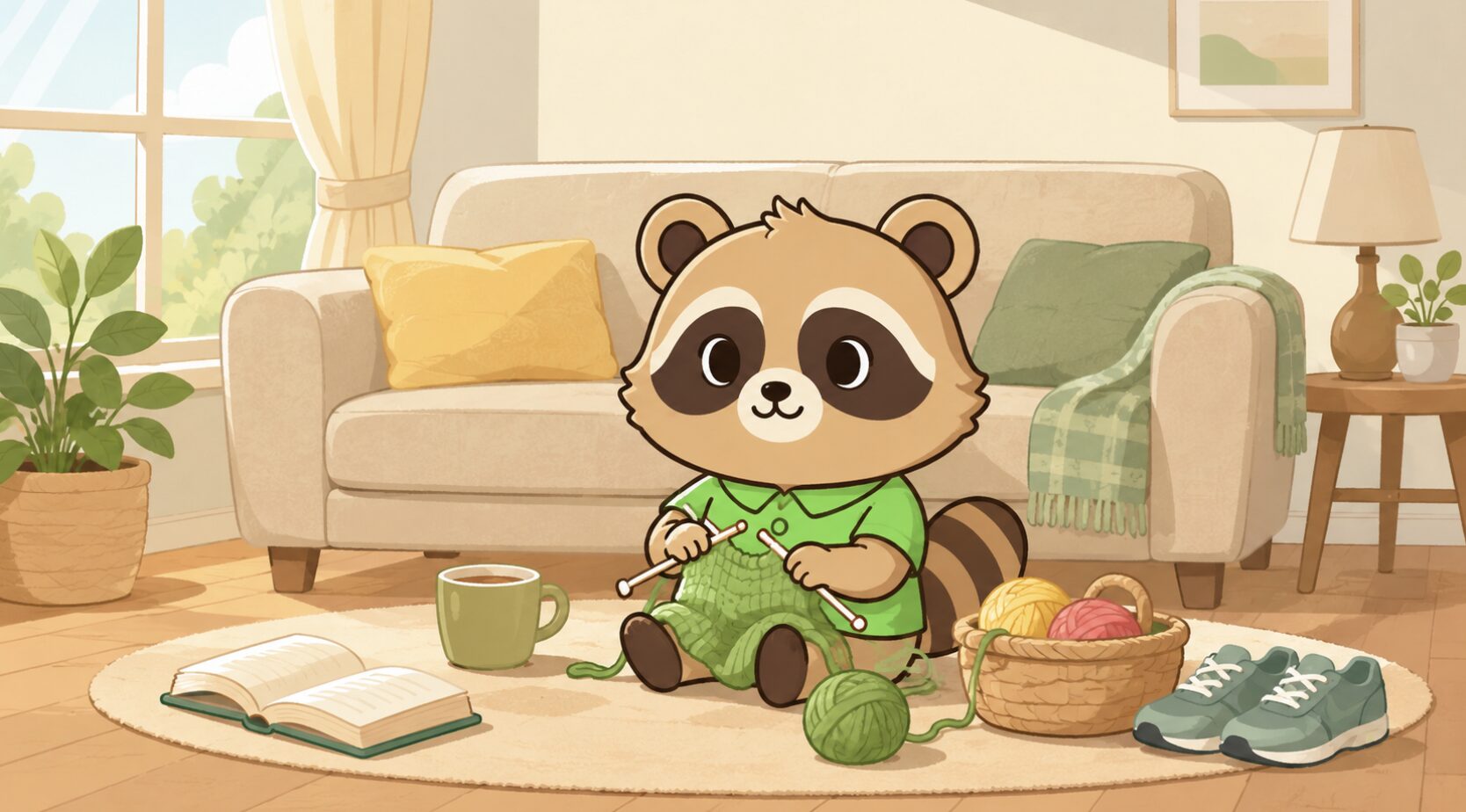 リビングのソファ前で、緑のシャツを着たかわいいたぬきキャラクターが編み物をしながら、本やマグカップ、スニーカーに囲まれてゆったり趣味時間を楽しんでいるイラスト