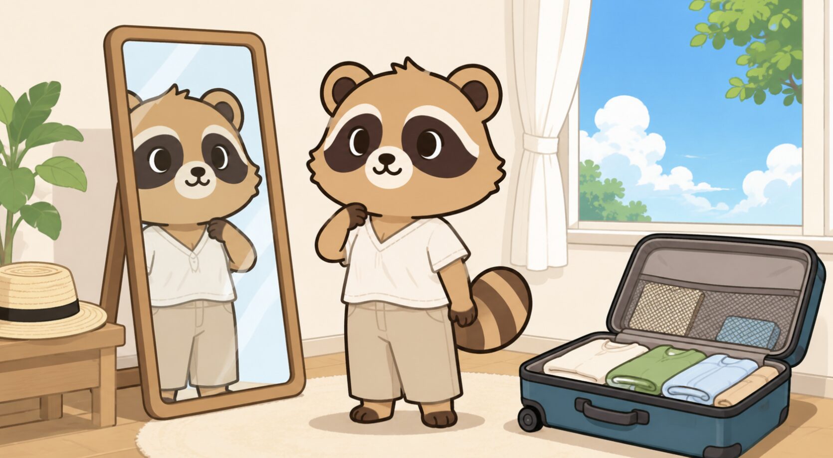 明るい部屋で、たぬきキャラクターが鏡の前で涼しげな夏服を試着し、旅行バッグを準備しているイラスト