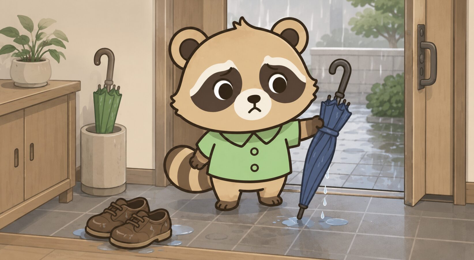雨の日の玄関で、緑のシャツを着たかわいいたぬきが濡れた傘を外へ出そうとし、たたきに置かれた濡れた靴を心配そうに見ているイラスト