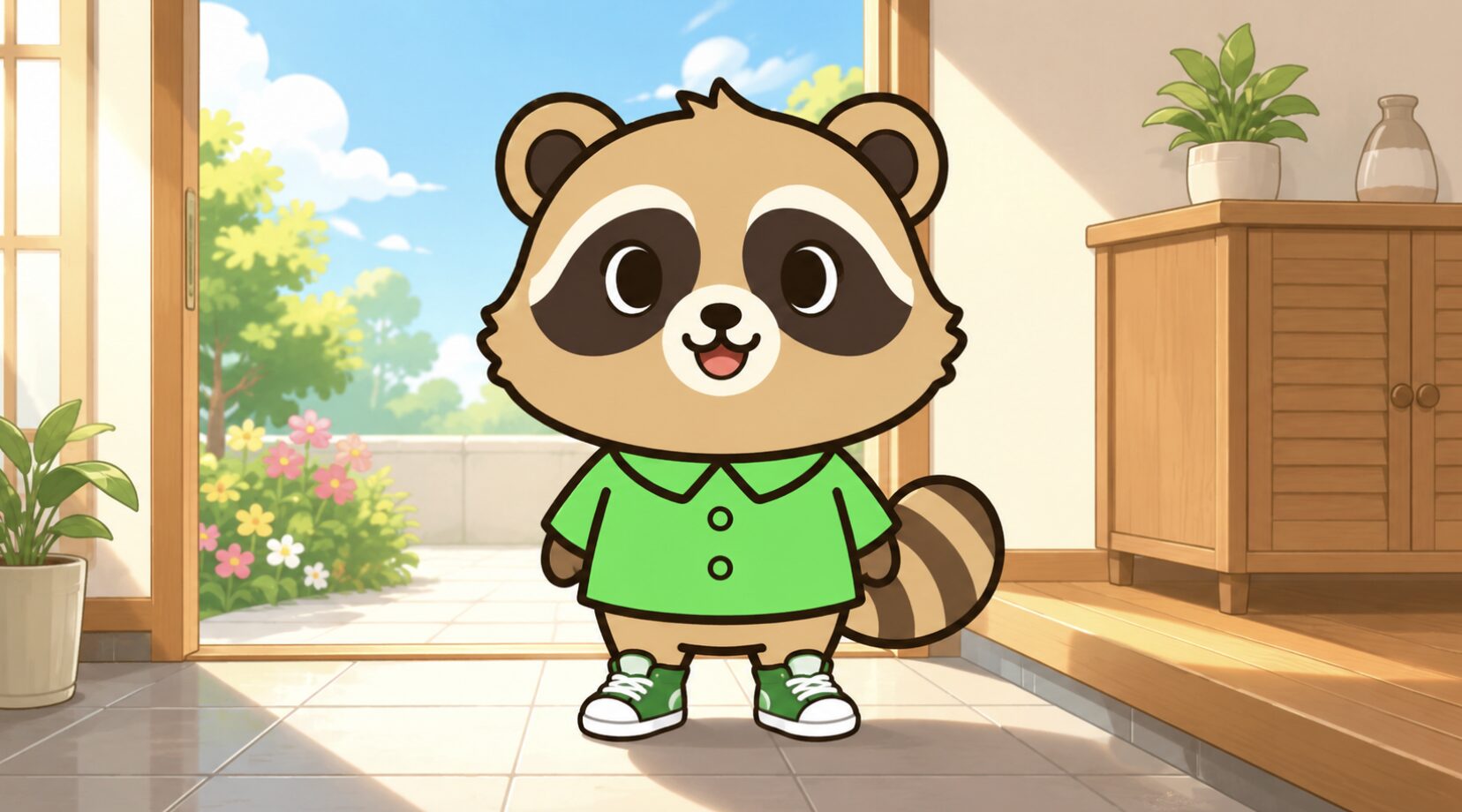 晴れた朝の玄関で、緑のシャツを着たかわいいたぬきが新しいスニーカーを履いて立っているイラスト