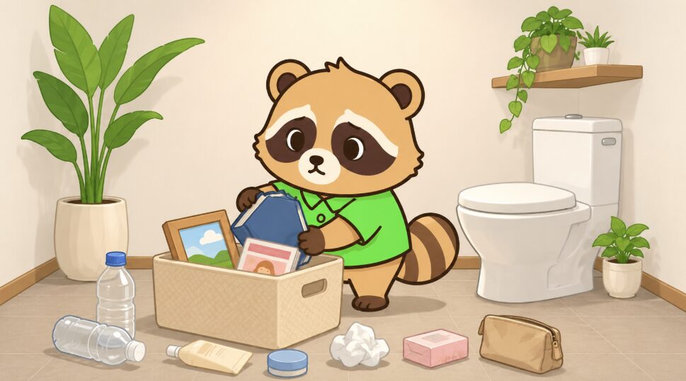 窓のないトイレで、緑のシャツを着たたぬきが本や小物を収納カゴに片付けているイラスト
