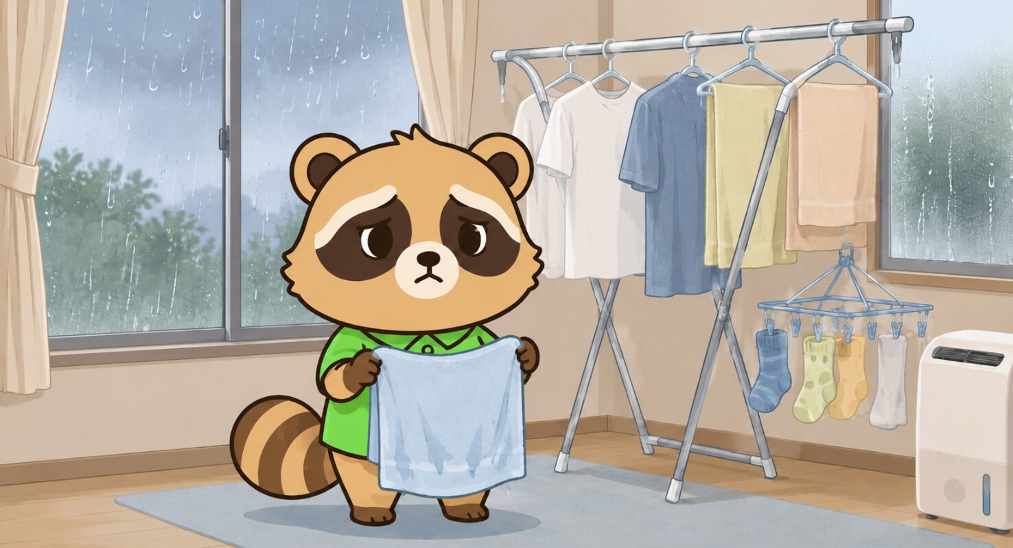 雨の日の室内で、緑のシャツを着たたぬきが濡れたタオルを持ち、乾かない洗濯物や除湿機、濡れた傘を見て困っているイラスト