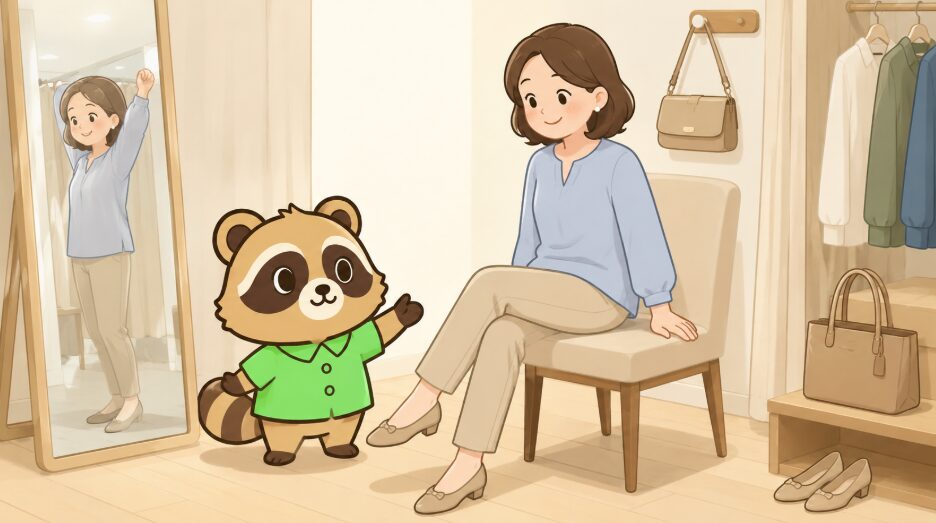 40代女性が試着室の椅子に座って着心地を確認し、緑のシャツを着たたぬきが日常の動きを試すよう案内しているイラスト