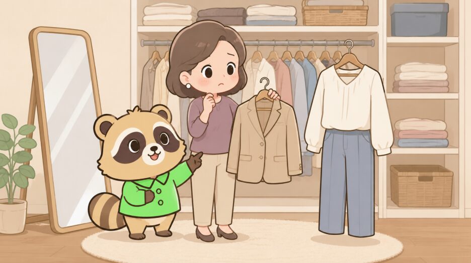 40代女性がクローゼットの前で昔の服と今に合う服を見比べ、緑のシャツを着たたぬきがやさしく案内しているイラスト