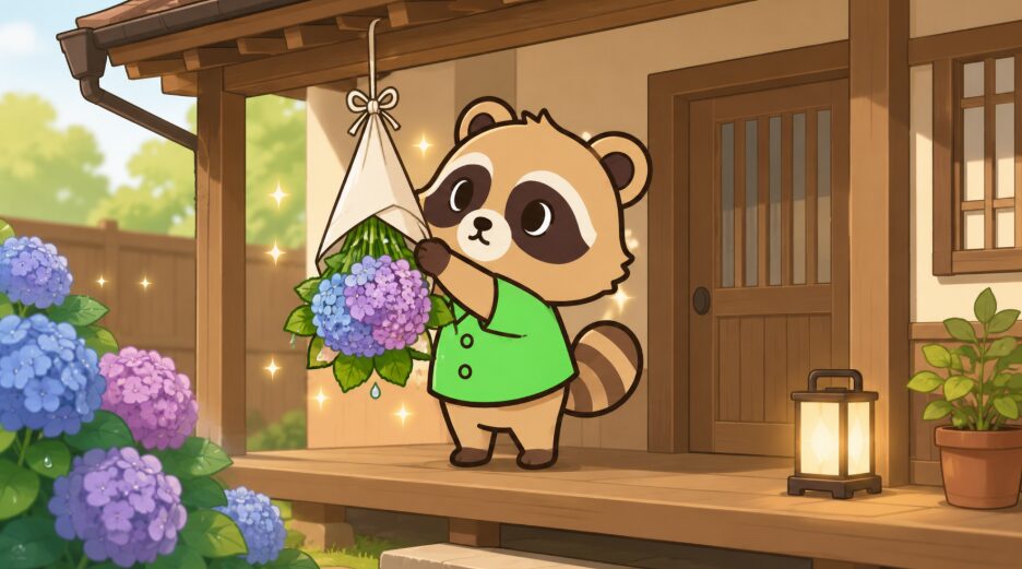 木の玄関先で、緑のシャツを着たかわいいたぬきが白い紙で包んだ紫陽花を軒先に吊るしているイラスト