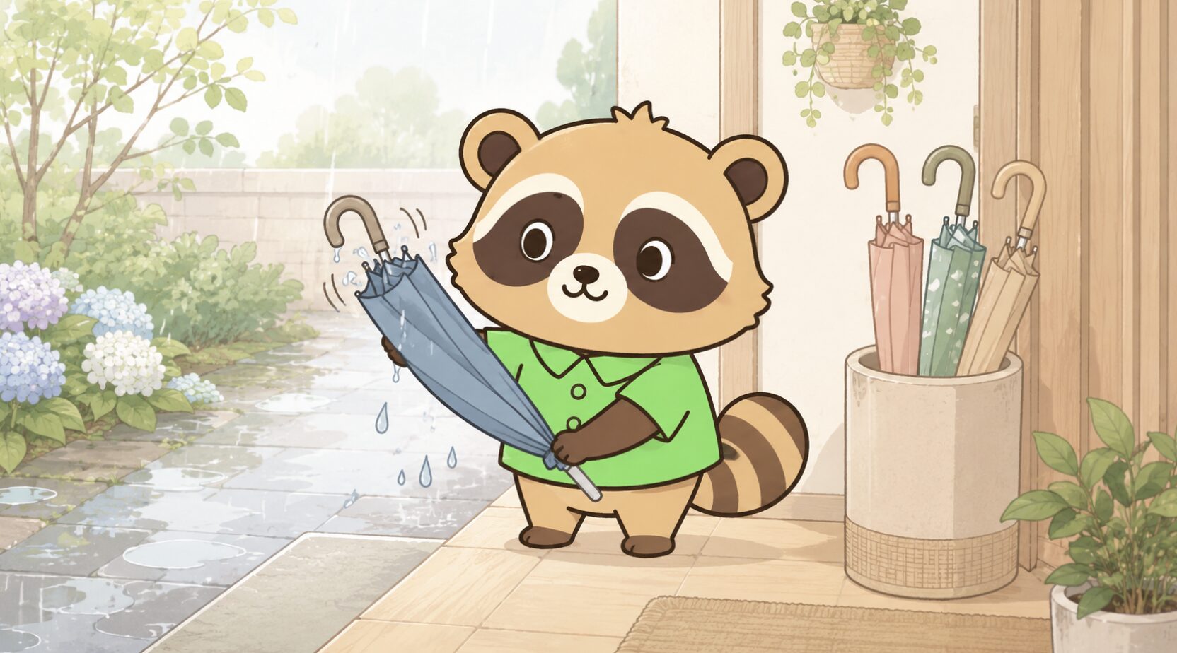 雨上がりの玄関ポーチで、緑のシャツを着たかわいいたぬきが濡れた青い傘の水気を落とし、整った傘立てのそばで丁寧に傘を扱っているイラスト