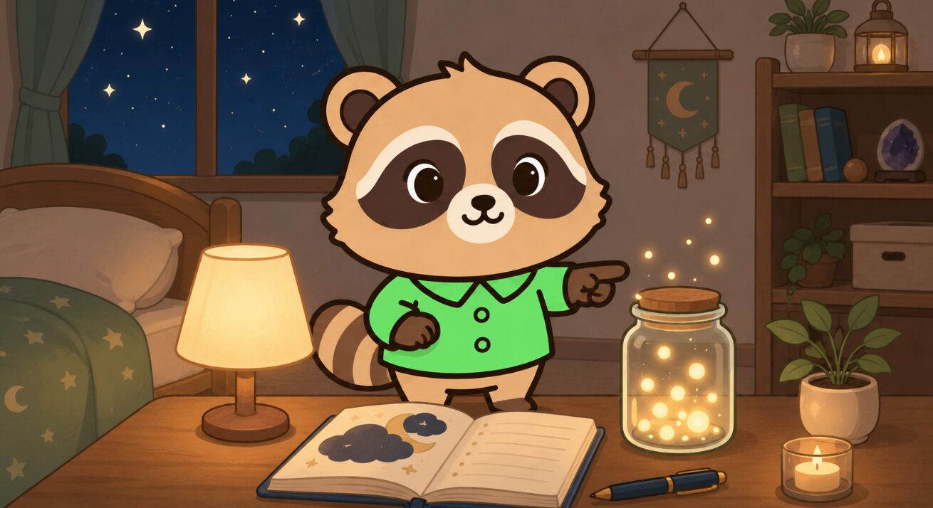 星空の見える部屋で、緑のシャツのたぬきが夢日記と光る瓶を指差して説明しているイラスト