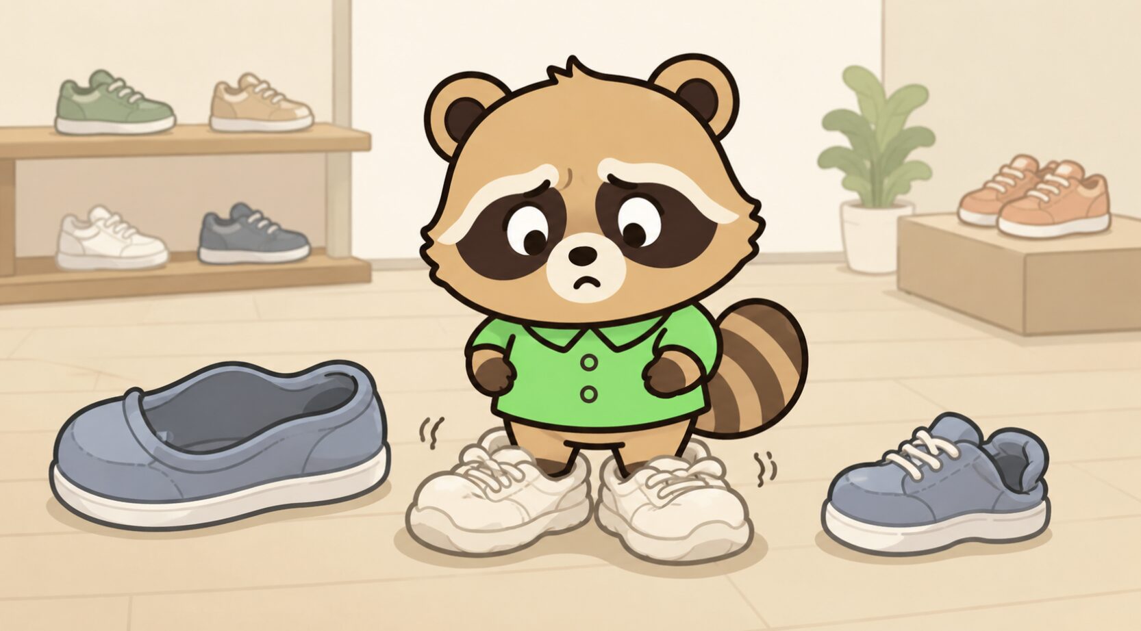 かわいいたぬきが柔らかすぎるスニーカーを履いて足元がぐらつき困っているイラスト