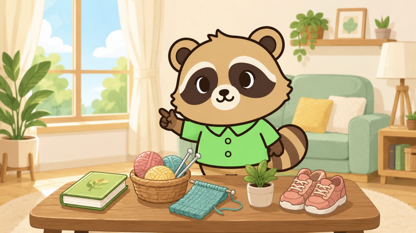 明るいリビングで緑のシャツを着たたぬきが、本や編み物、観葉植物、散歩用シューズを並べて趣味を選んでいるイラスト