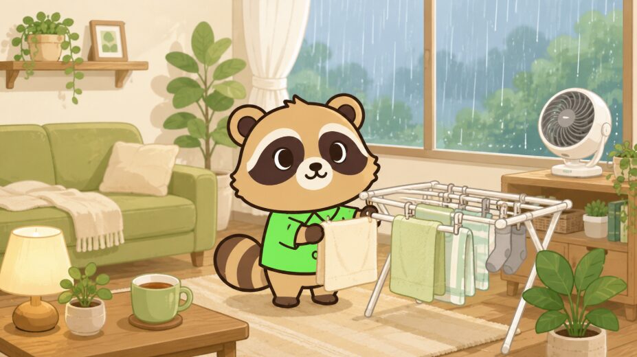 雨の日の明るいリビングで、緑のシャツを着たたぬきが部屋干しの洗濯物を整えながら快適に過ごしているイラスト