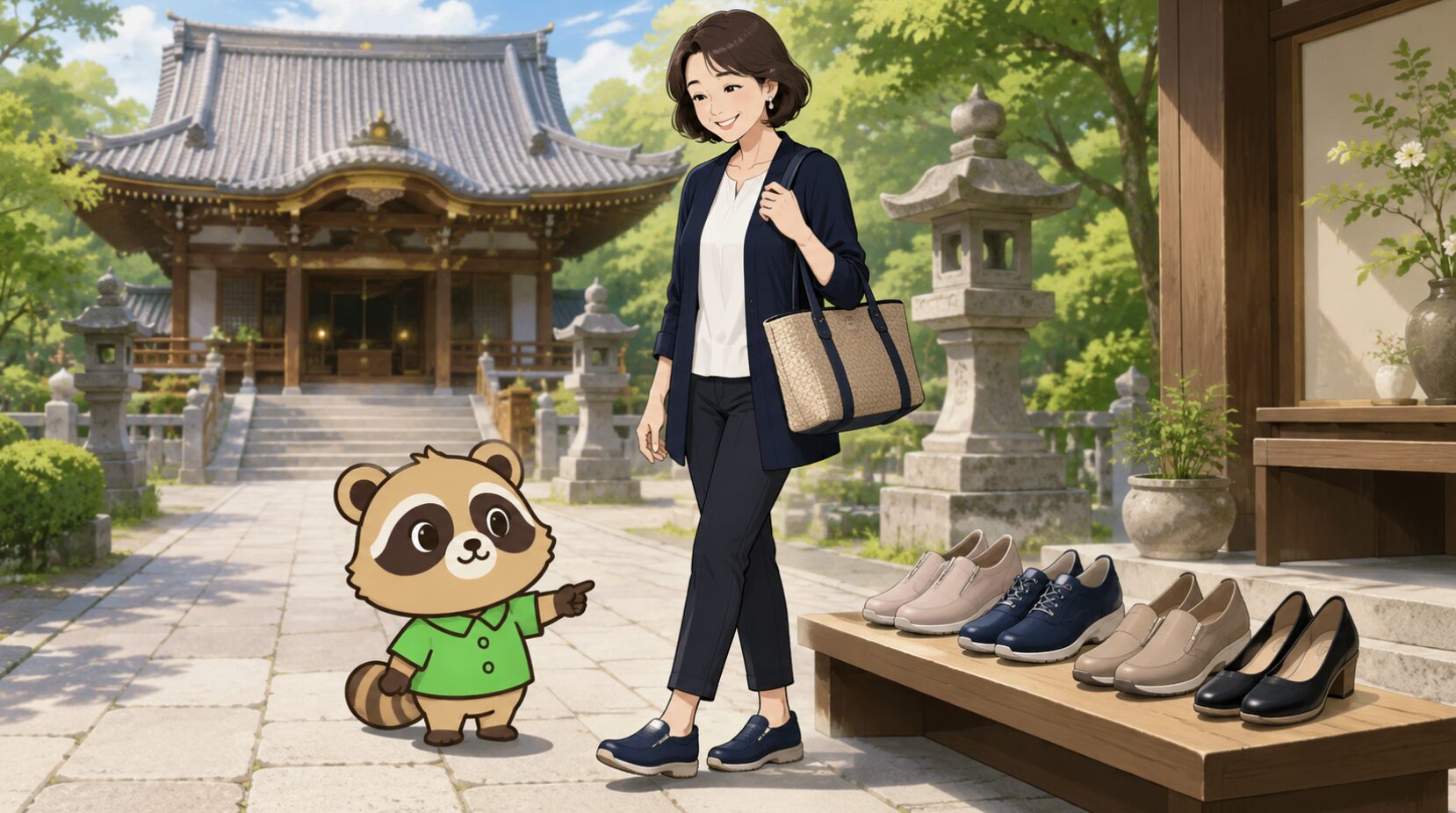 寺の境内で、旅行靴のディスプレイを前に、アラフィフ女性の足元をたぬきが紹介しているイラスト