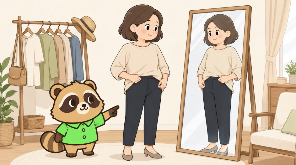 40代女性が鏡の前でトップスを前だけインし、緑のシャツを着たたぬきがシルエットを整える着こなしを案内しているイラスト