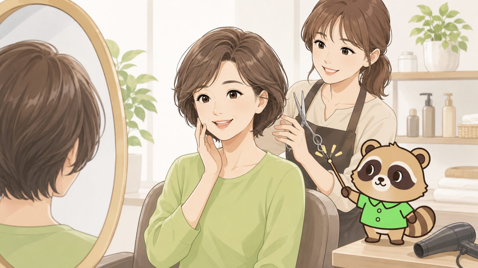 50代女性が若々しい印象に見えるひし形ショートヘアを美容室で整えるイラスト