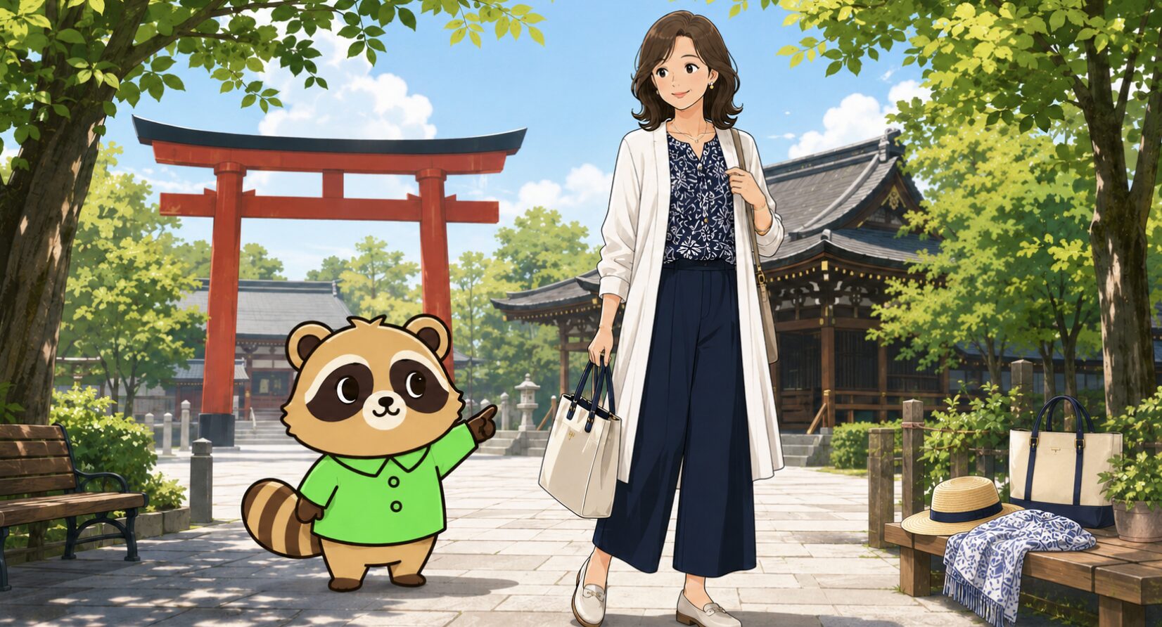 神社の参道で、白いロング羽織りとネイビーの柄トップス、ワイドパンツを合わせたアラフィフ女性を、緑のシャツのたぬきキャラクターが紹介しているイラスト