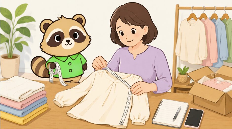 40代女性が机の上で服のサイズを測り、緑のシャツを着たたぬきがメジャーを持ってマイサイズ確認を案内しているイラスト