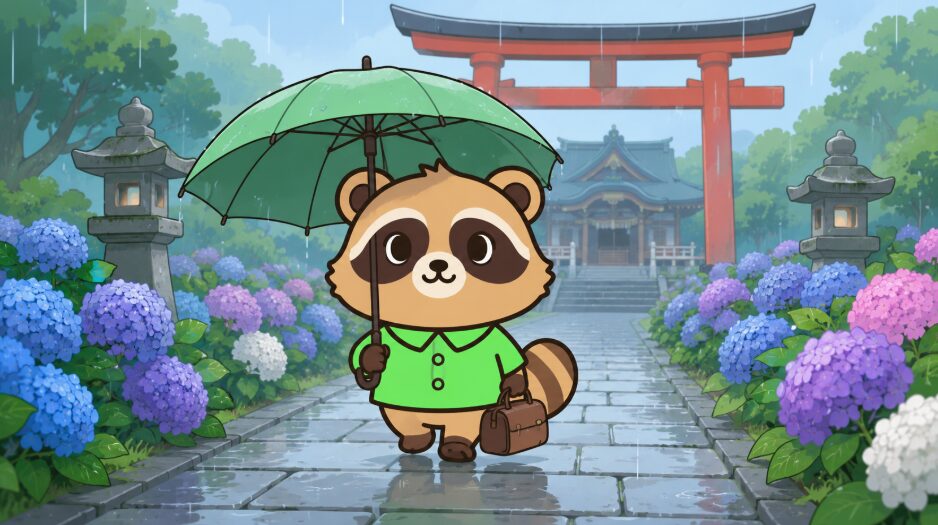 雨の日の寺社参道で、緑のシャツを着たかわいいたぬきが傘と旅行バッグを持ち、紫陽花の間を歩いているイラスト
