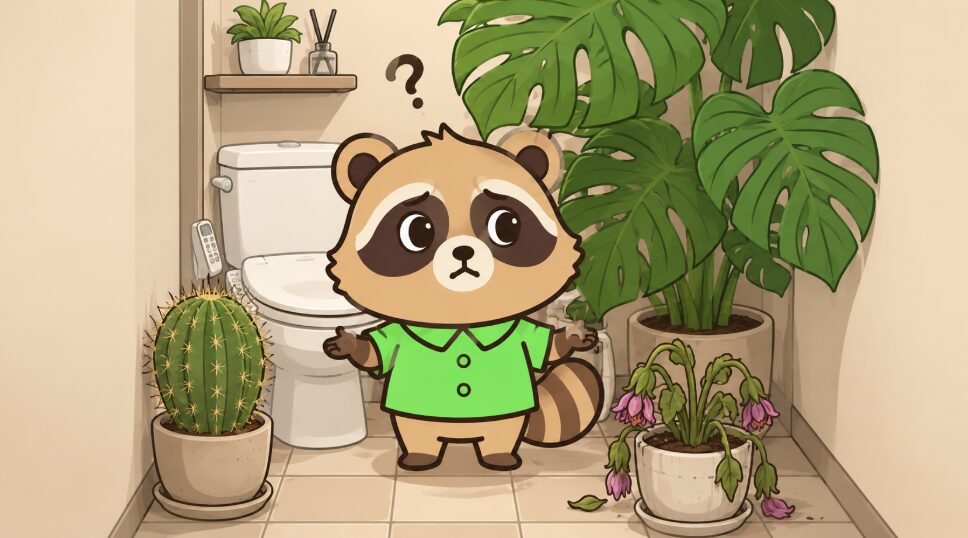 狭い窓のないトイレで、緑のシャツを着たたぬきがサボテンや大きなモンステラ、しおれた花鉢を見て困っているイラスト