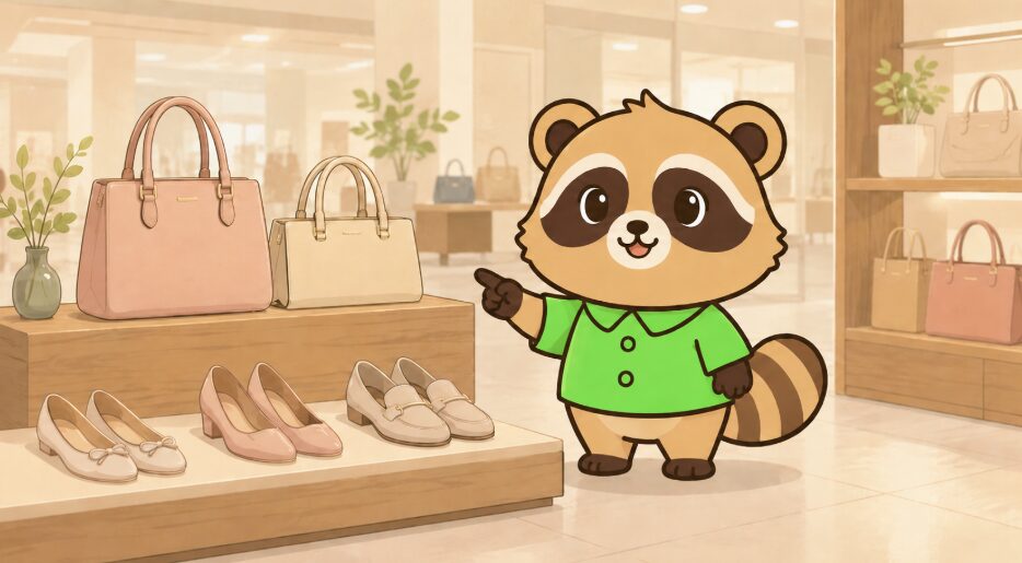 デパートのバッグと靴の売り場で、緑のシャツを着たたぬきキャラクターが新しいバッグと歩きやすい靴を指差して選んでいるイラスト