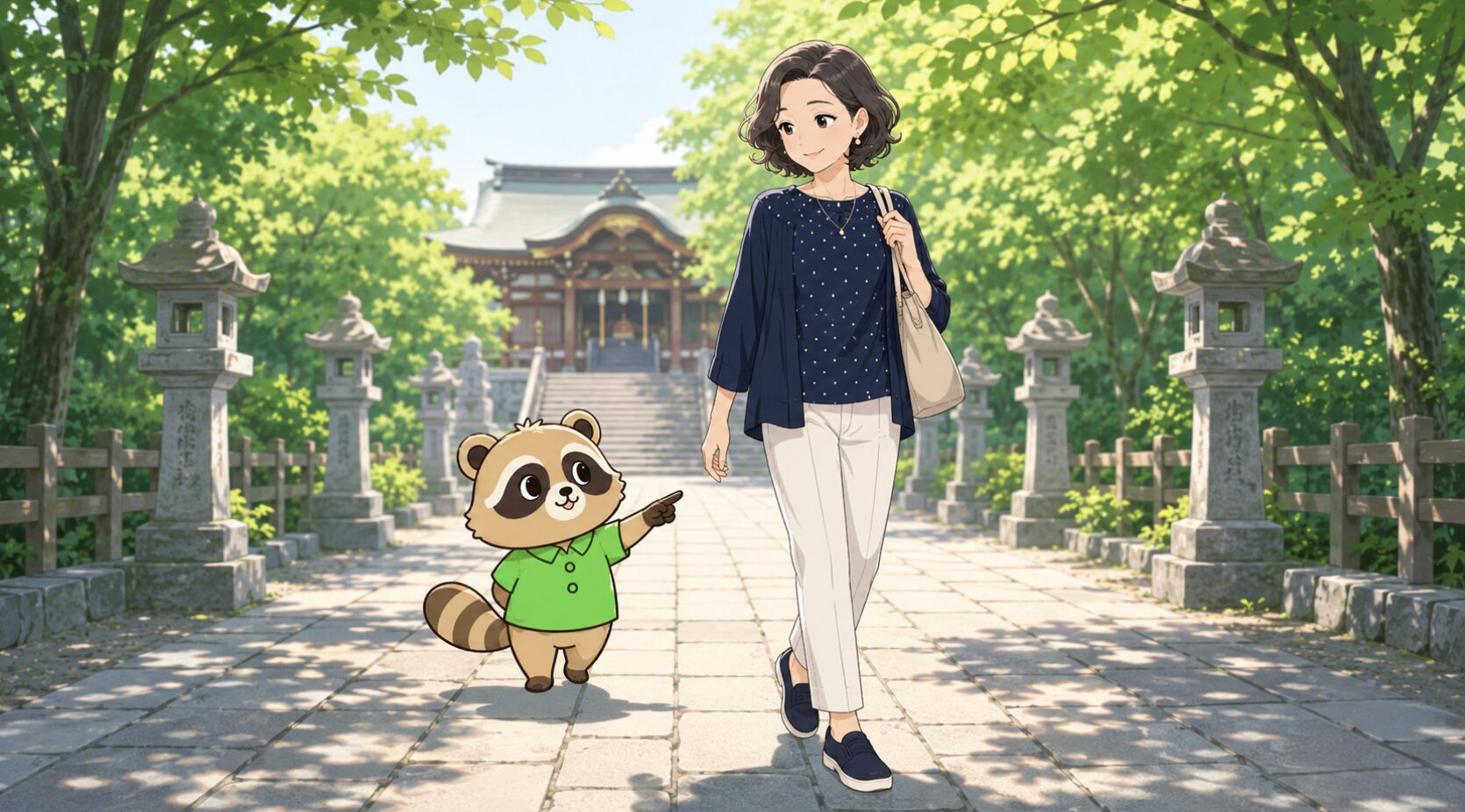 神社の参道で、歩きやすい旅行コーデのアラフィフ女性をたぬきが紹介しているイラスト