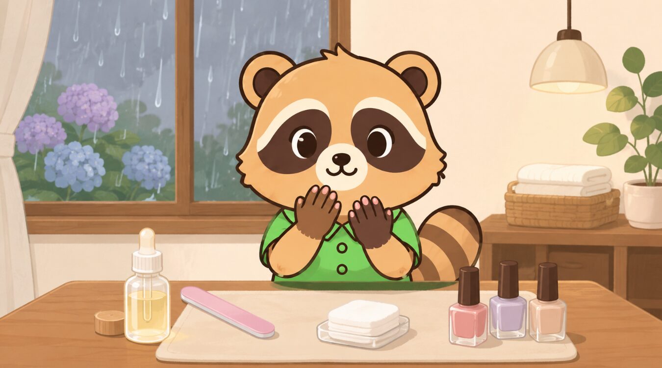 雨の日の室内で、緑のシャツを着たたぬきがネイルオイルや爪やすりを並べたテーブルの前で両手の爪を確認しているイラスト