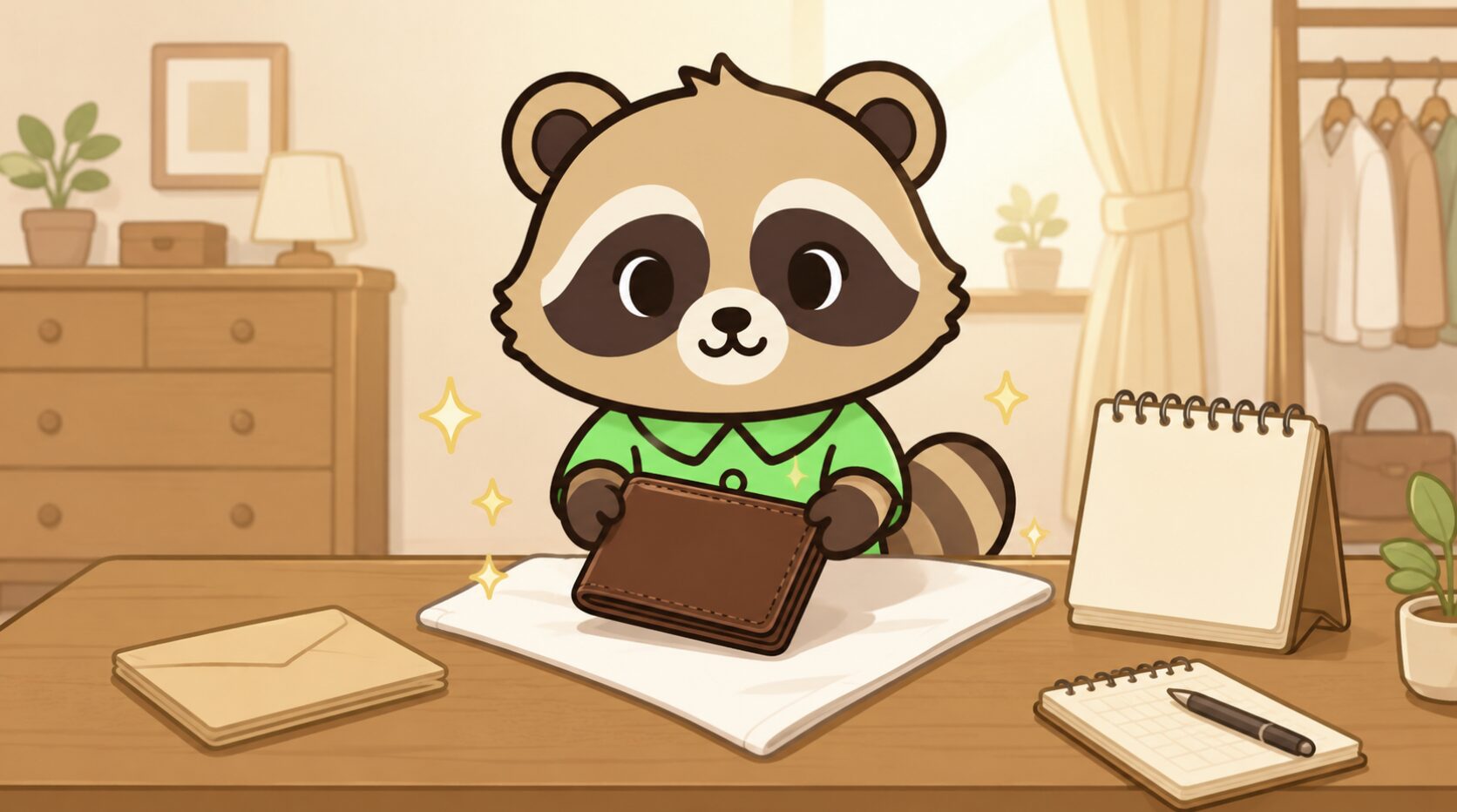 緑のシャツを着たかわいいたぬきが、新しい財布を白い布の上に置いて使い始める日を待っているイラスト