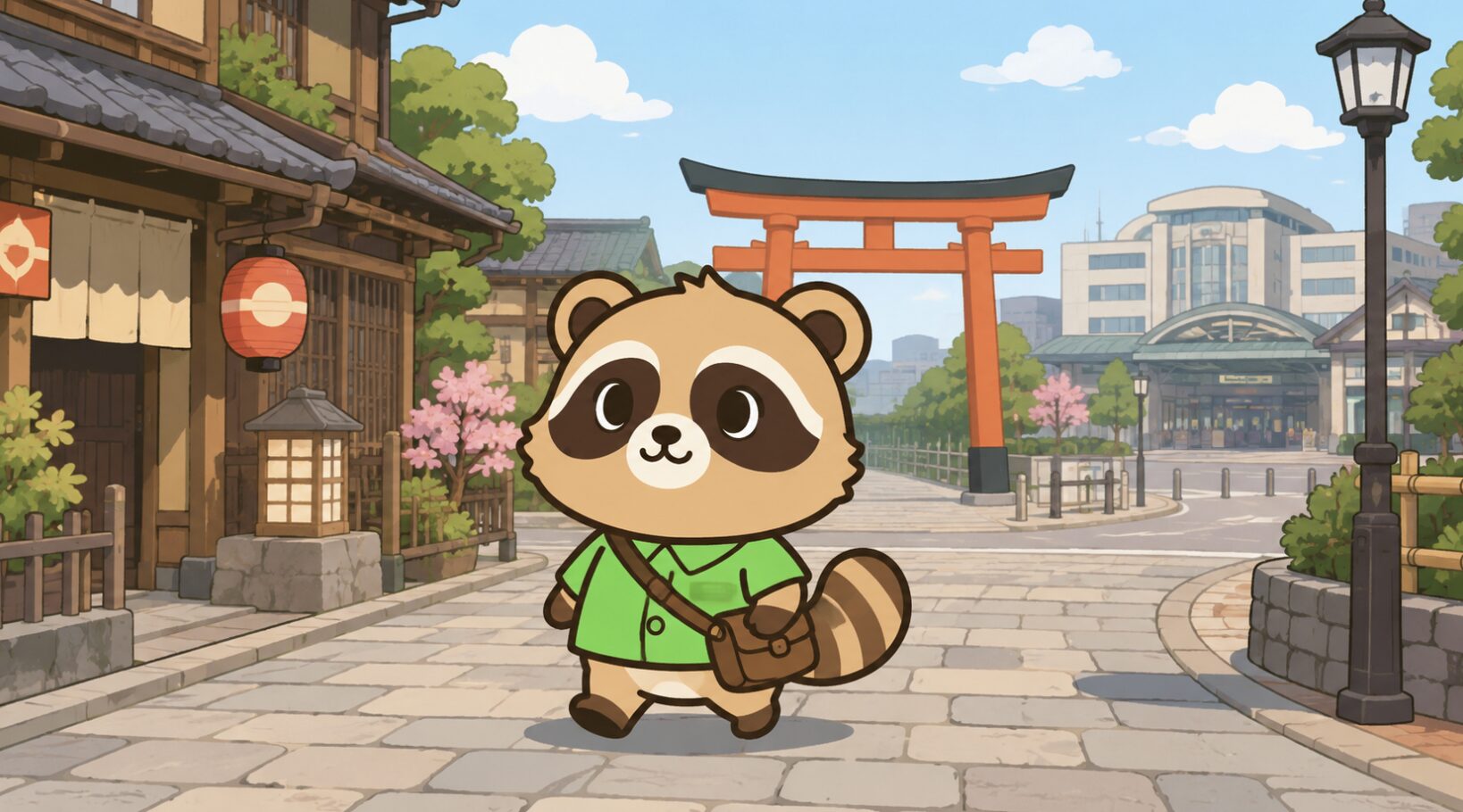 京都風の石畳の街角を、緑のシャツを着たかわいいたぬきがショルダーバッグを持って楽しそうに歩いているイラスト