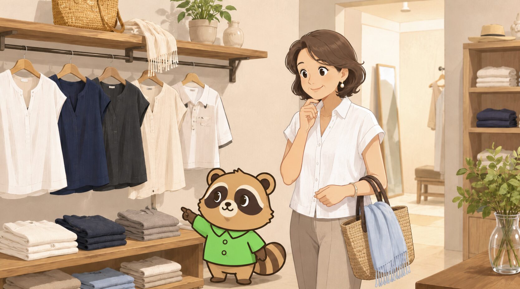 アラフィフ女性がセレクトショップで白やネイビーのリネントップスを見比べ、たぬきキャラクターが汗ジミの目立ちにくい服を指さして紹介しているイラスト