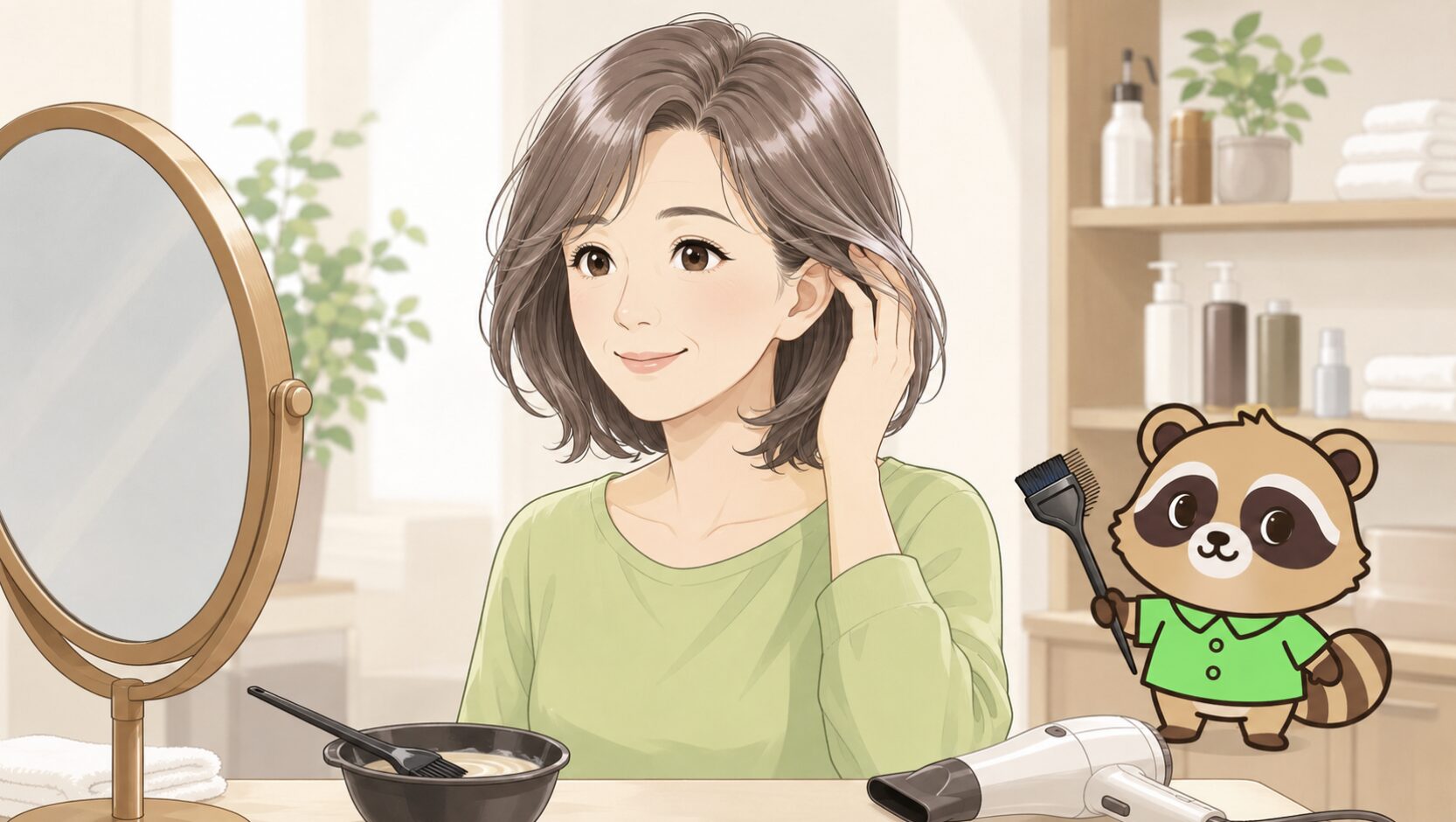 50代女性が白髪ぼかしで透明感と立体感のある髪色を美容室で確認するイラスト
