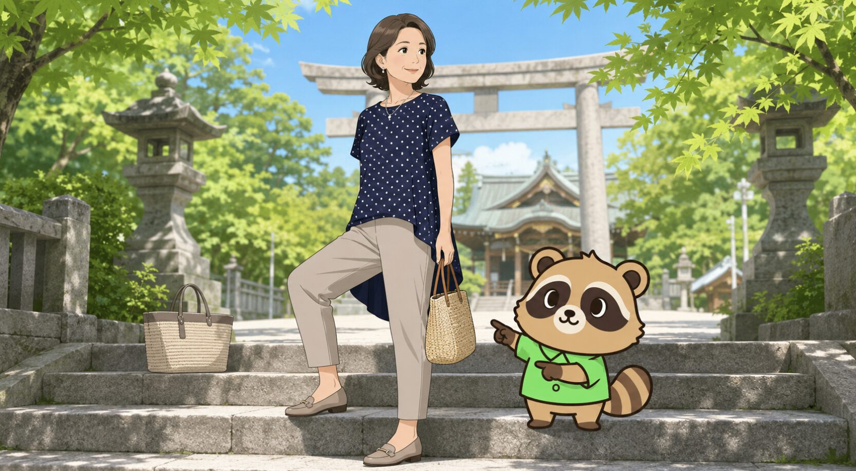 神社の石段で、アラフィフ女性のテーパードパンツをたぬきが紹介しているイラスト