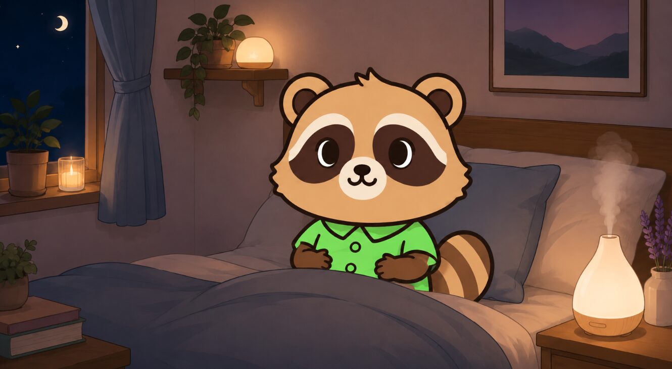 夜の寝室で、たぬきがベッドに座り、アロマのそばでゆっくり呼吸をしているイラスト