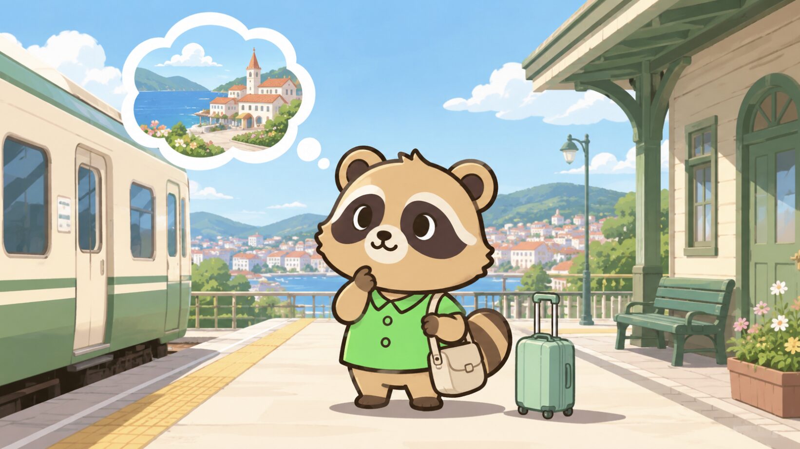 駅のホームで旅行バッグを持ったかわいいたぬきが、電車と旅先の街並みを前に一人旅の行き先を考えているイラスト