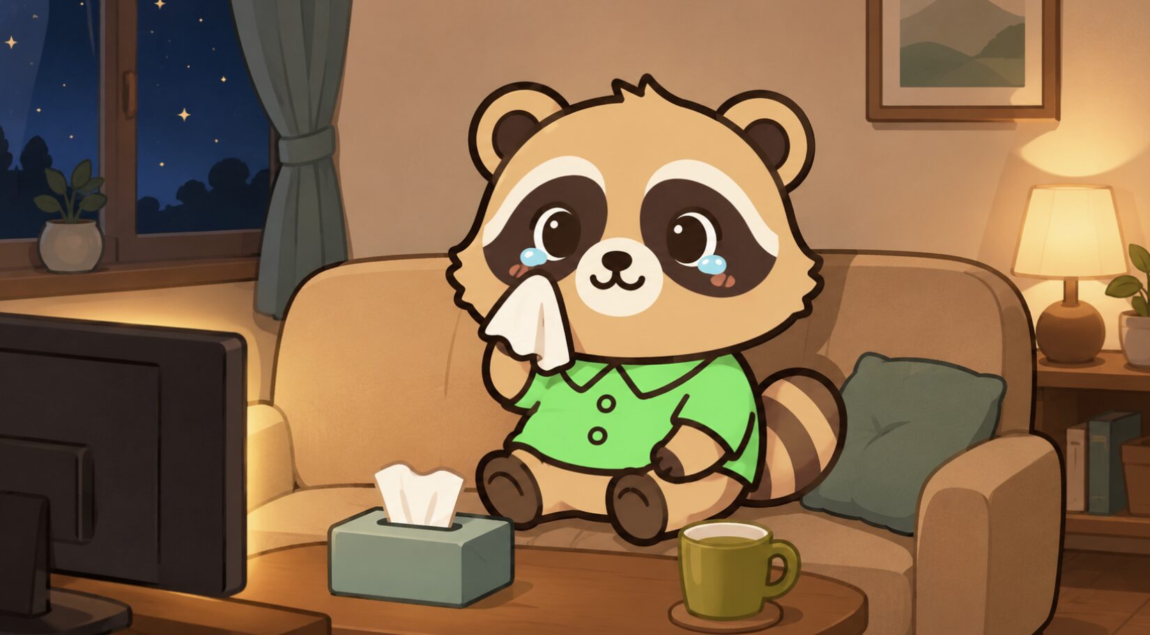 緑のシャツを着たたぬきが、夜のリビングでテレビを見ながらハンカチで涙をぬぐっているイラスト