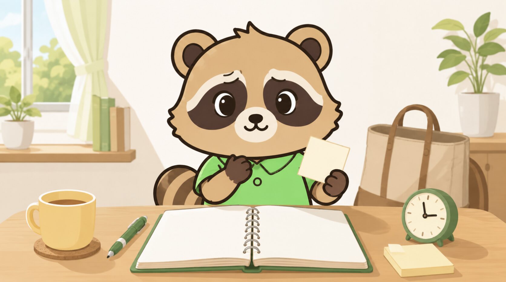 緑のシャツを着たかわいいたぬきが、少し困った表情で予定帳とメモを確認しながら予定を調整しているイラスト