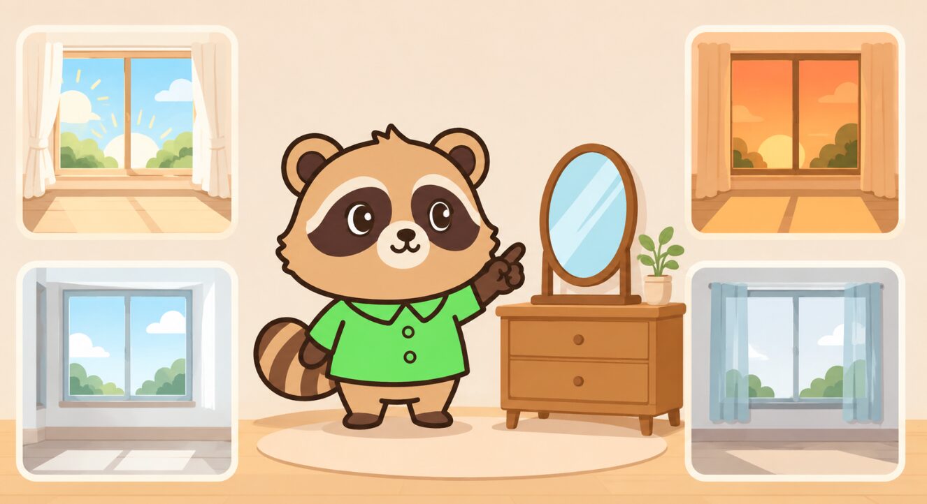 たぬきがドレッサーの横で窓から入る光の違いを指差して説明しているイラスト