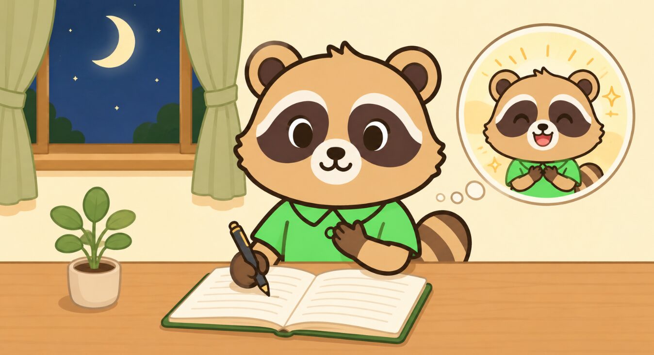 新月の夜に、緑のシャツを着たたぬきが胸に手を当てながらノートに願い事を書き、叶った自分を思い浮かべているイラスト