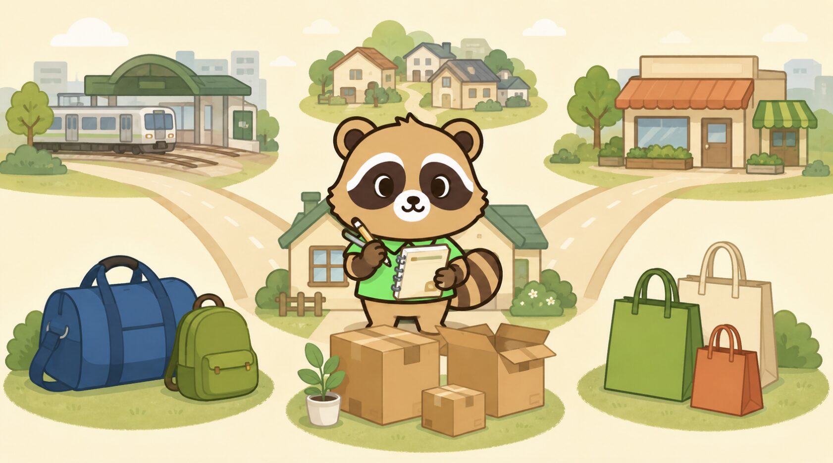 緑のシャツを着たかわいいたぬきが、旅行バッグ・引っ越し段ボール・買い物袋を前に移動目的ごとの方位を確認しているイラスト